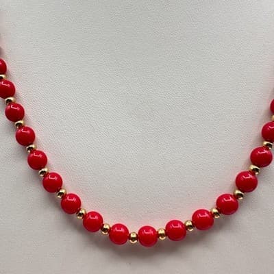 Vintage 80s Red Coral Bead Necklace Gold Tone Spacers Classic Fashion Jewelry - Thumbnail 2