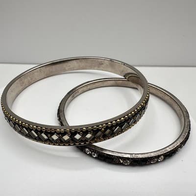 Vintage 90s Black Glass Bangle Bracelet Set Silver Tone Boho Women's Jewelry Y2K - Thumbnail 2