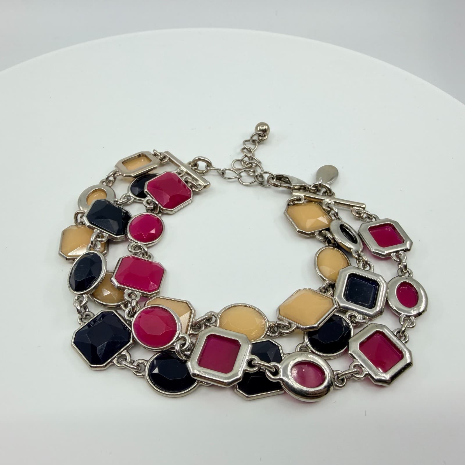 VTG Y2K Multi Strand Statement Bracelet Silver Tone Pink Black Cream Geometric - Thumbnail 3
