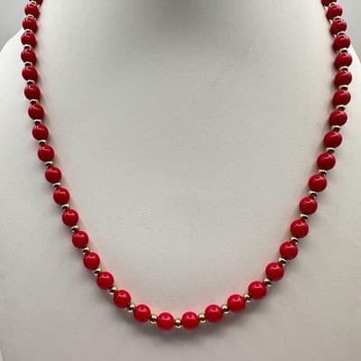 Vintage 80s Red Coral Bead Necklace Gold Tone Spacers Classic Fashion Jewelry - Thumbnail 8