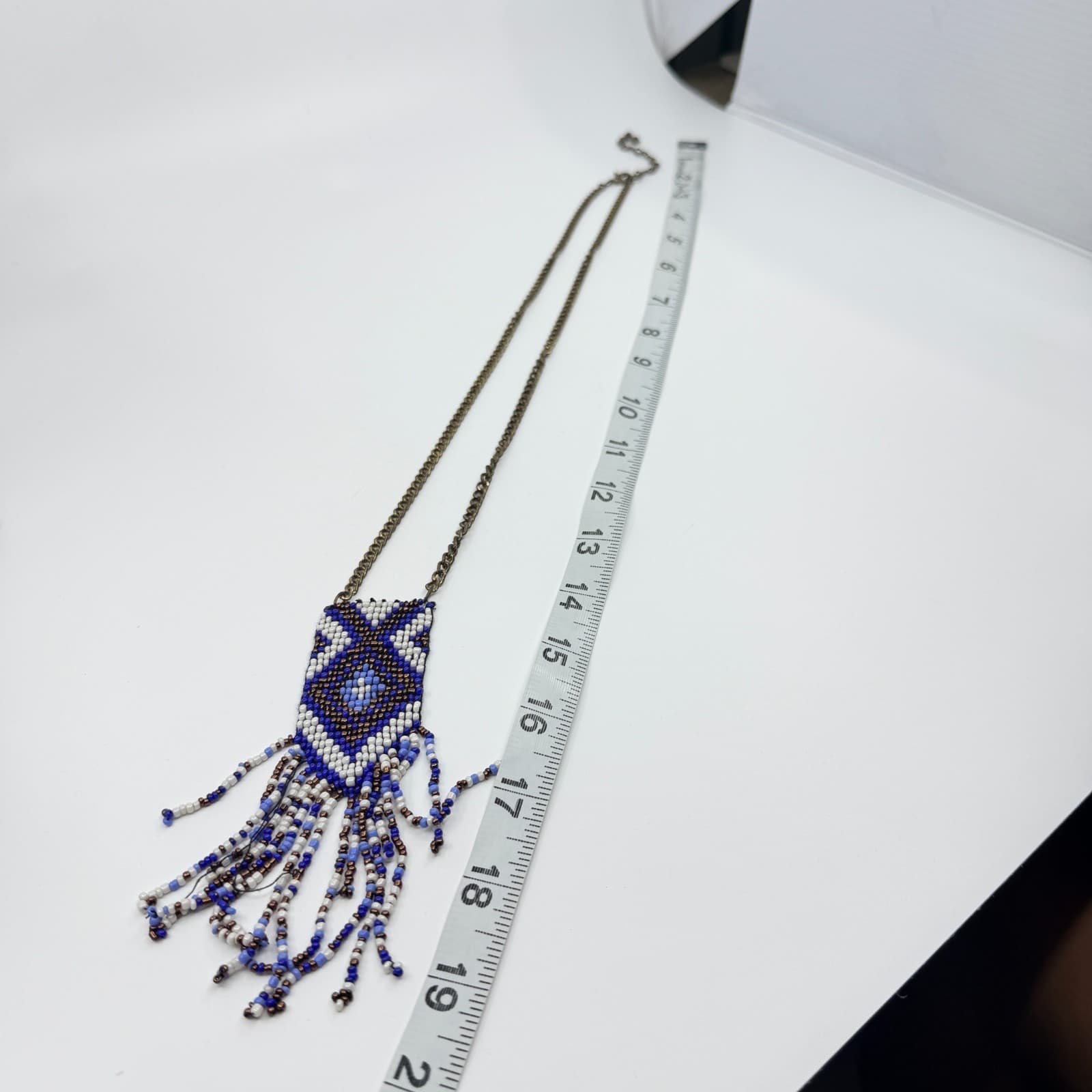 Vintage Y2K Beaded Fringe Pendant Necklace Geometric Southwestern Blue Cream - Thumbnail 11