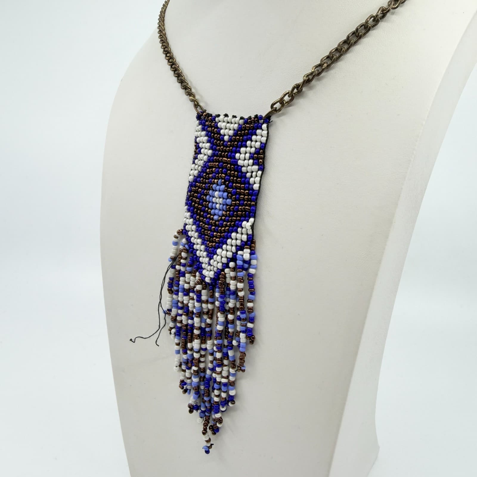 Vintage Y2K Beaded Fringe Pendant Necklace Geometric Southwestern Blue Cream - Thumbnail 7