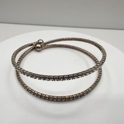 Vintage 90s Silver Tone Clear Glass Double Wrap Bangle Bracelet Women Fashion - Thumbnail 6