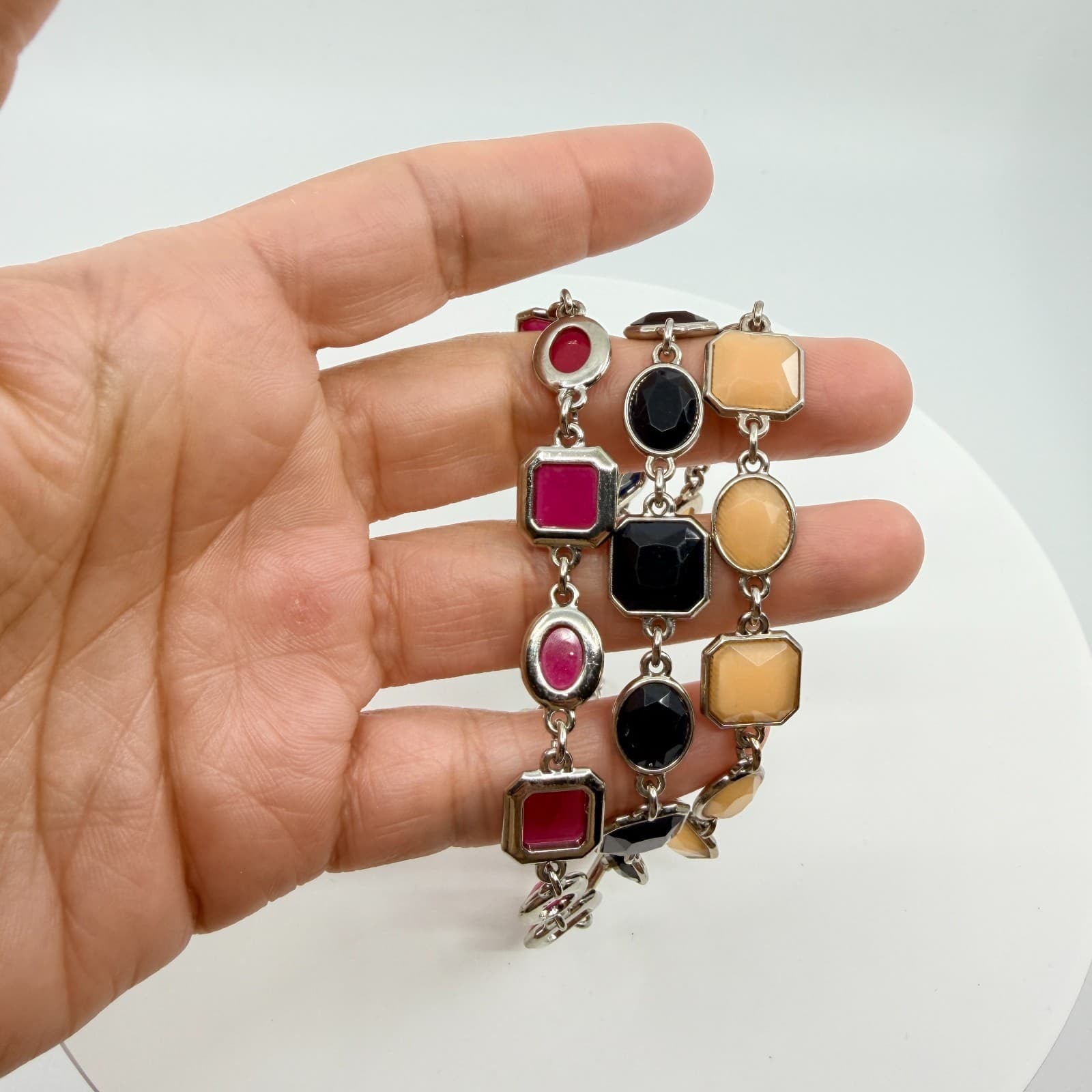 VTG Y2K Multi Strand Statement Bracelet Silver Tone Pink Black Cream Geometric - Thumbnail 8