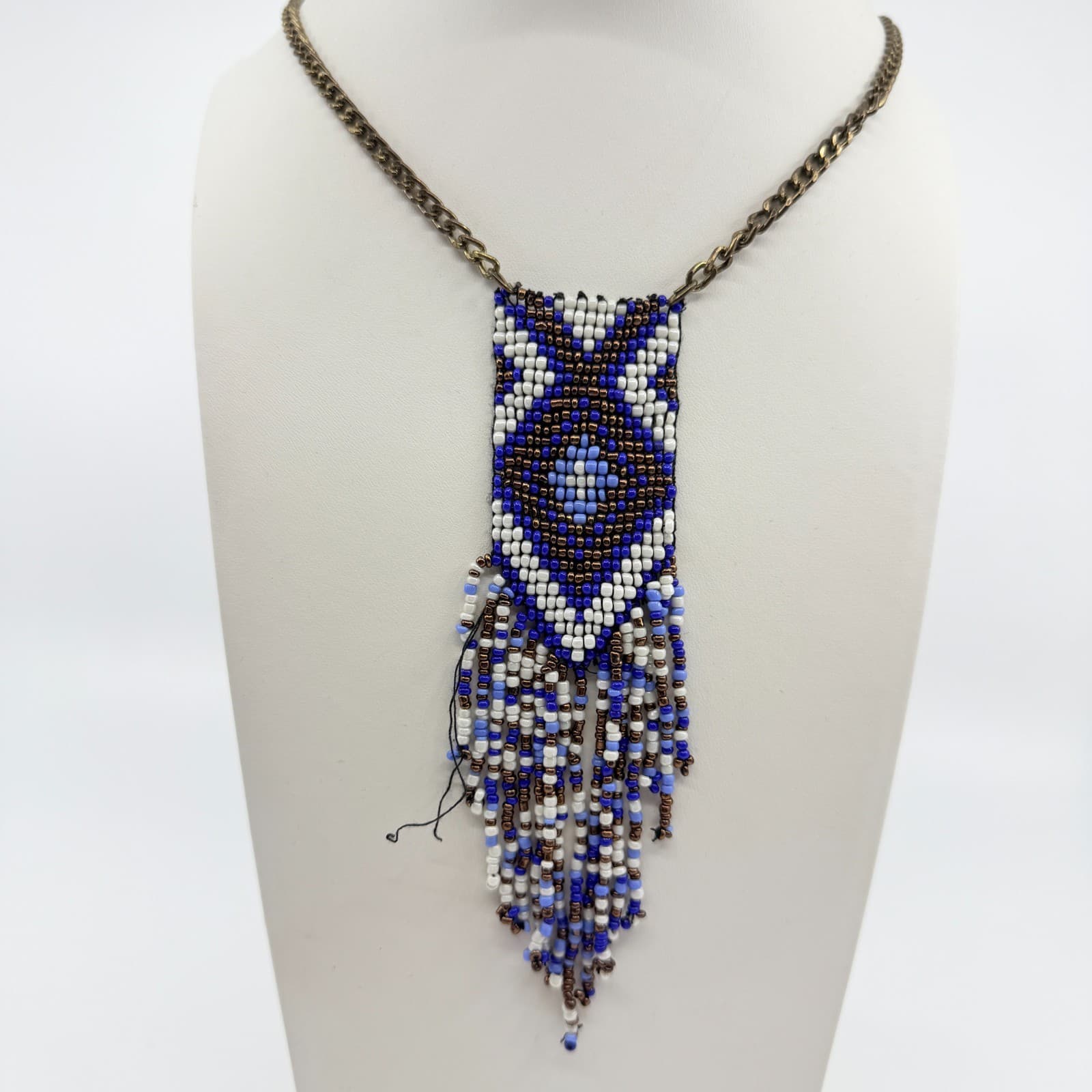 Vintage Y2K Beaded Fringe Pendant Necklace Geometric Southwestern Blue Cream - Thumbnail 6