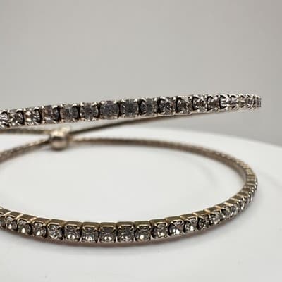 Vintage 90s Silver Tone Clear Glass Double Wrap Bangle Bracelet Women Fashion - Thumbnail 4