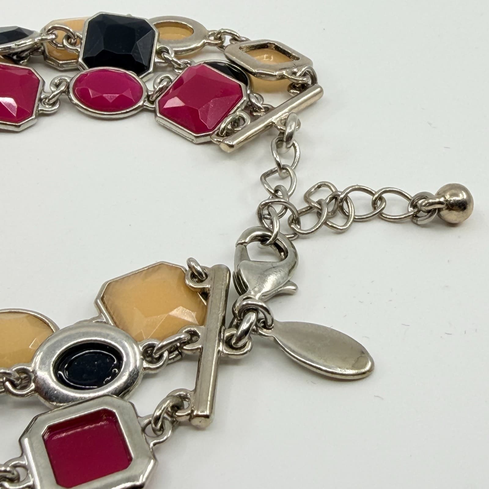 VTG Y2K Multi Strand Statement Bracelet Silver Tone Pink Black Cream Geometric - Thumbnail 7