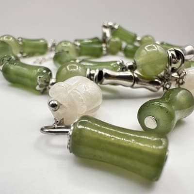 Vintage 80s Green Jade Bamboo Charm Bracelet Silver Tone Adjustable Jewelry Boho - Thumbnail 3