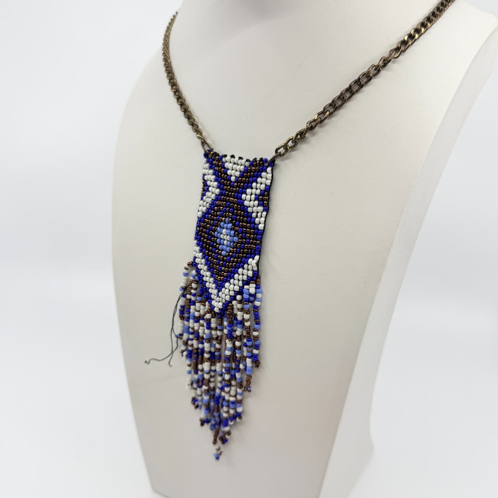 Vintage Y2K Beaded Fringe Pendant Necklace Geometric Southwestern Blue Cream - Thumbnail 8
