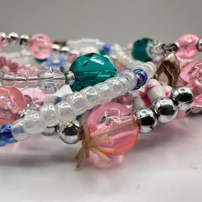 Vintage 90s Multi-Strand Beaded Bracelet Set Floral Pink Teal Boho Stack - Thumbnail 4