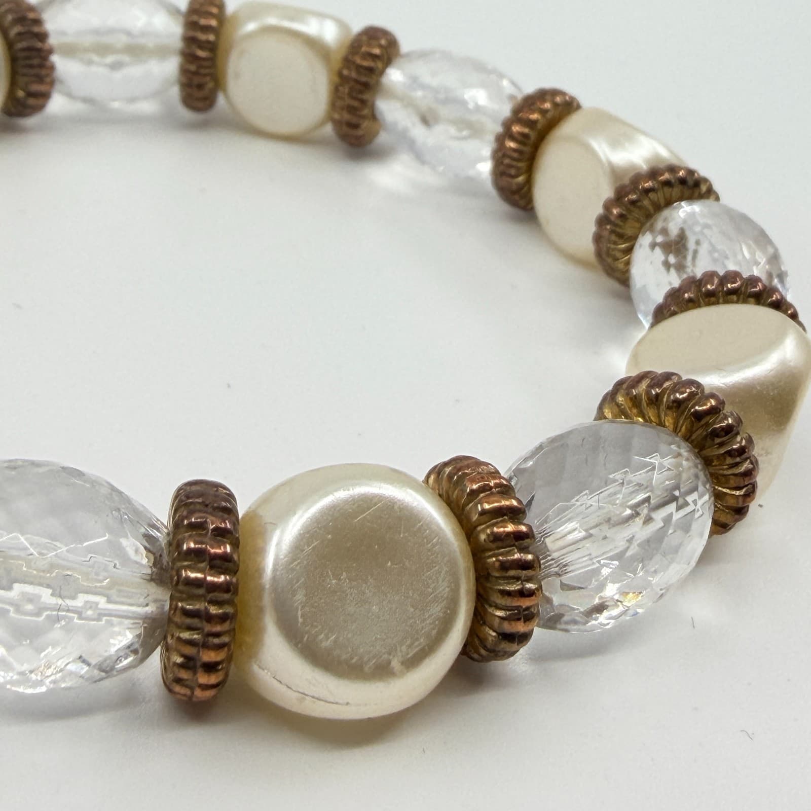 Vintage Faux Pearl Clear Faceted Lucite Bead Stretch Bracelet Boho Stackable - Thumbnail 5