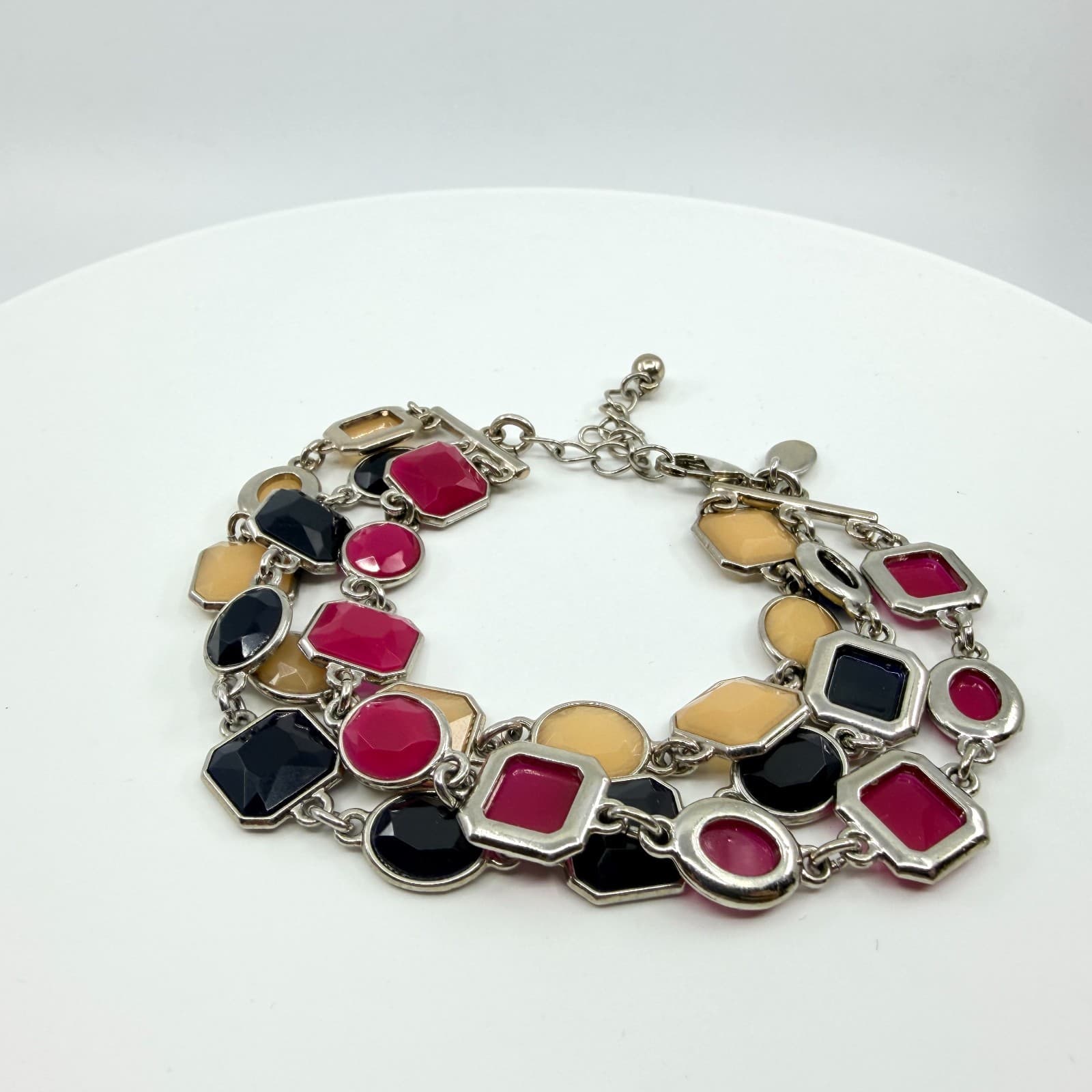 VTG Y2K Multi Strand Statement Bracelet Silver Tone Pink Black Cream Geometric - Thumbnail 2
