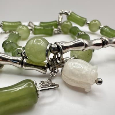 Vintage 80s Green Jade Bamboo Charm Bracelet Silver Tone Adjustable Jewelry Boho - Thumbnail 5