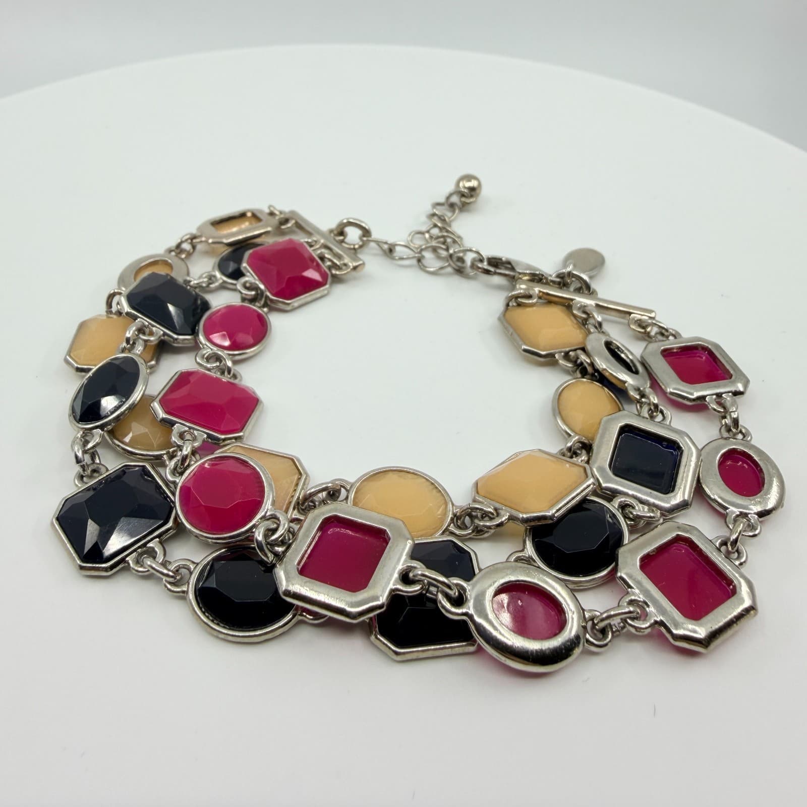 VTG Y2K Multi Strand Statement Bracelet Silver Tone Pink Black Cream Geometric - Thumbnail 4