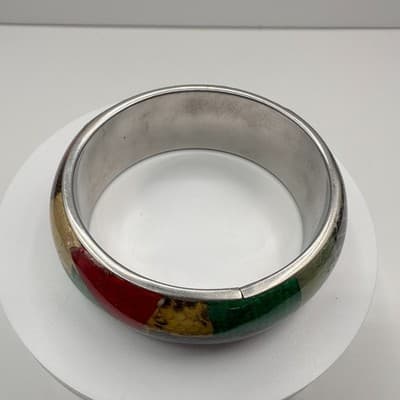 Vintage 80s Snakeskin Inlay Bangle Bracelet Multi Color Silver Tone Boho Chic - Thumbnail 3