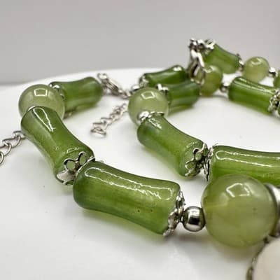 Vintage 80s Green Jade Bamboo Charm Bracelet Silver Tone Adjustable Jewelry Boho - Thumbnail 4