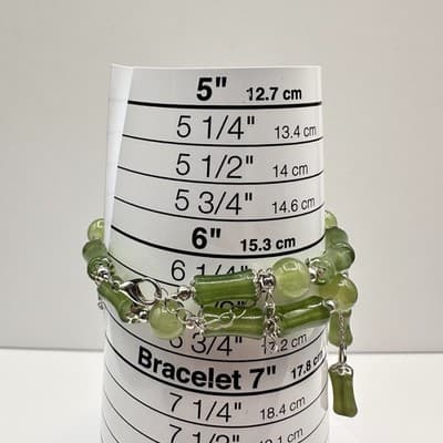 Vintage 80s Green Jade Bamboo Charm Bracelet Silver Tone Adjustable Jewelry Boho - Thumbnail 6