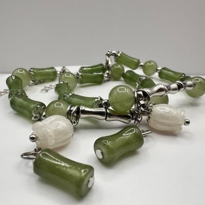 Vintage 80s Green Jade Bamboo Charm Bracelet Silver Tone Adjustable Jewelry Boho - Thumbnail 2