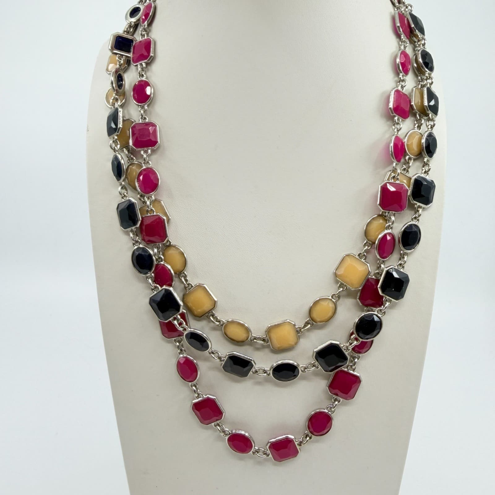VTG Ann Taylor Multi-Strand Statement Necklace Resin Geo Links Magenta Black - Thumbnail 7