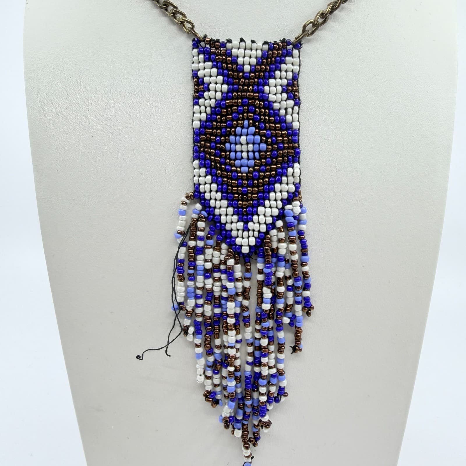 Vintage Y2K Beaded Fringe Pendant Necklace Geometric Southwestern Blue Cream - Thumbnail 5