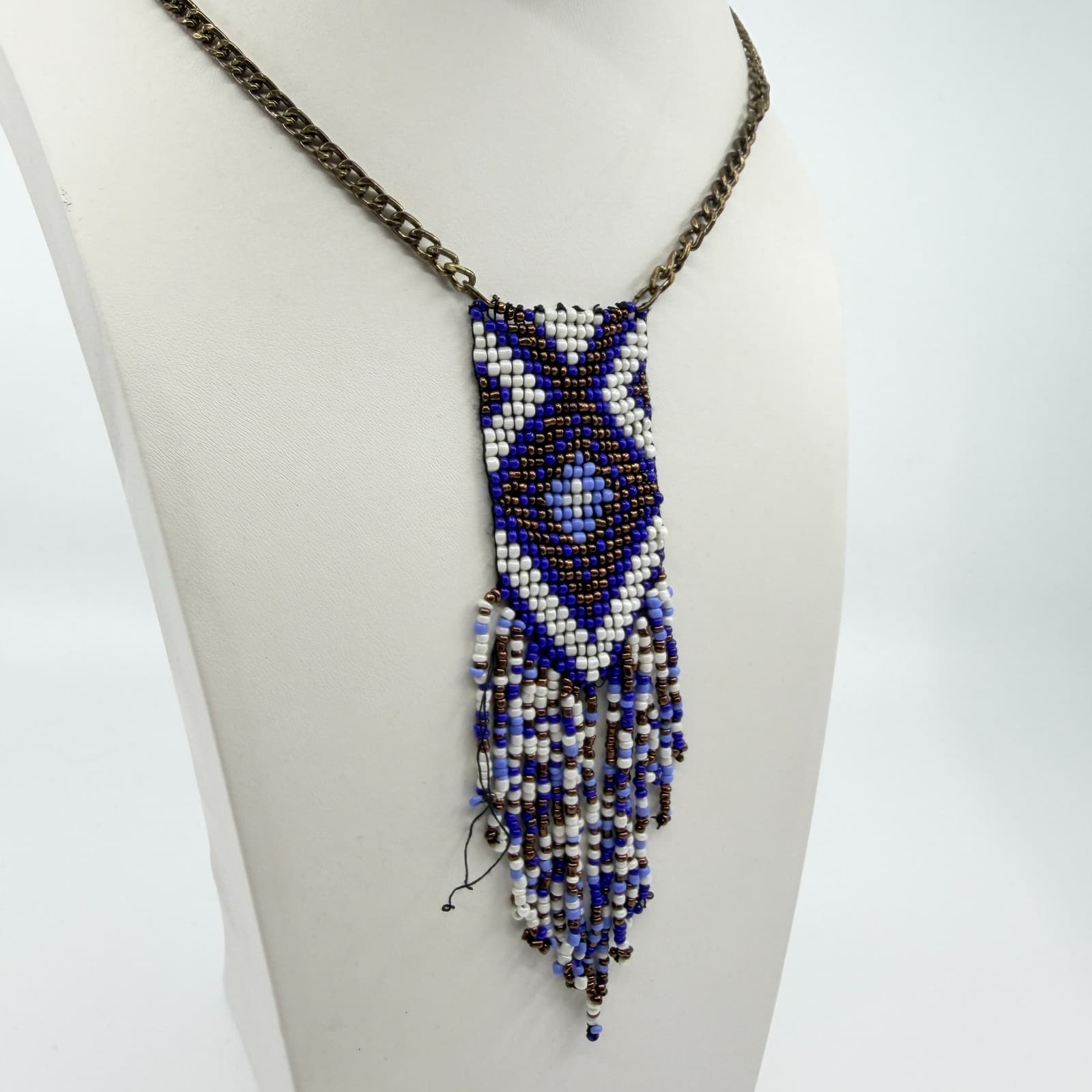 Vintage Y2K Beaded Fringe Pendant Necklace Geometric Southwestern Blue Cream - Thumbnail 3