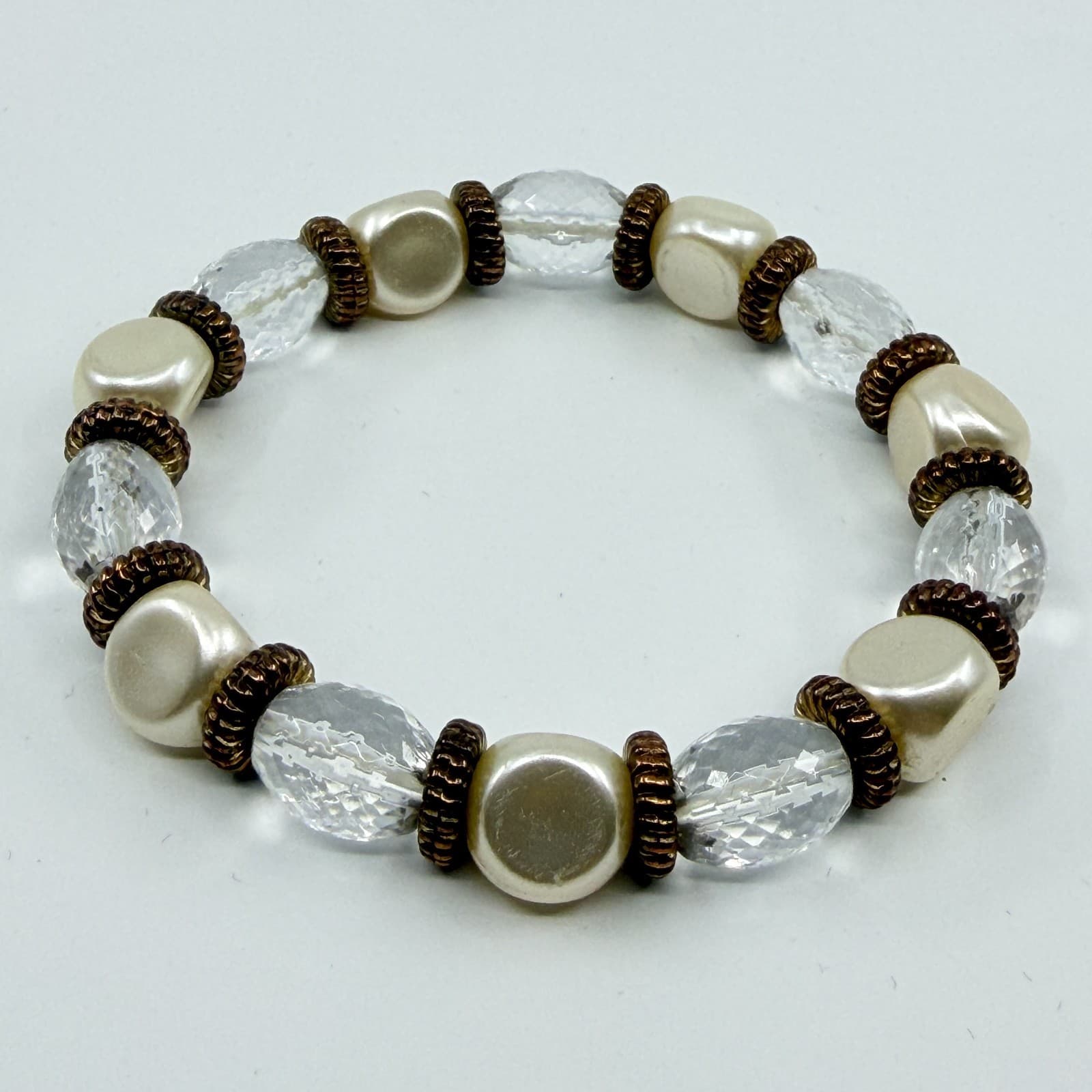 Vintage Faux Pearl Clear Faceted Lucite Bead Stretch Bracelet Boho Stackable - Thumbnail 4