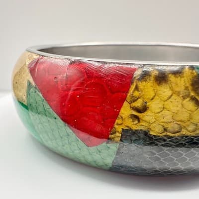Vintage 80s Snakeskin Inlay Bangle Bracelet Multi Color Silver Tone Boho Chic - Thumbnail 4