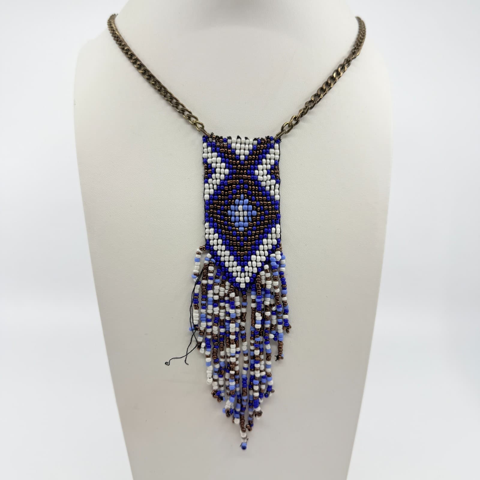 Vintage Y2K Beaded Fringe Pendant Necklace Geometric Southwestern Blue Cream - Thumbnail 2