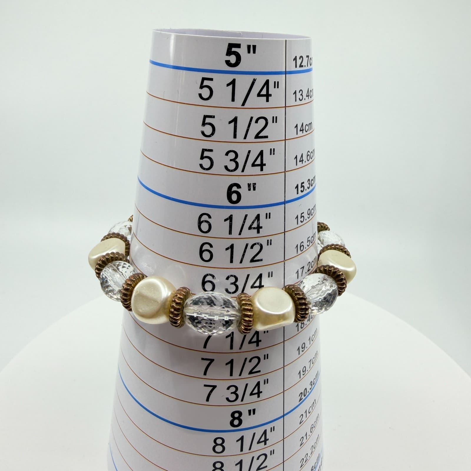 Vintage Faux Pearl Clear Faceted Lucite Bead Stretch Bracelet Boho Stackable - Thumbnail 9