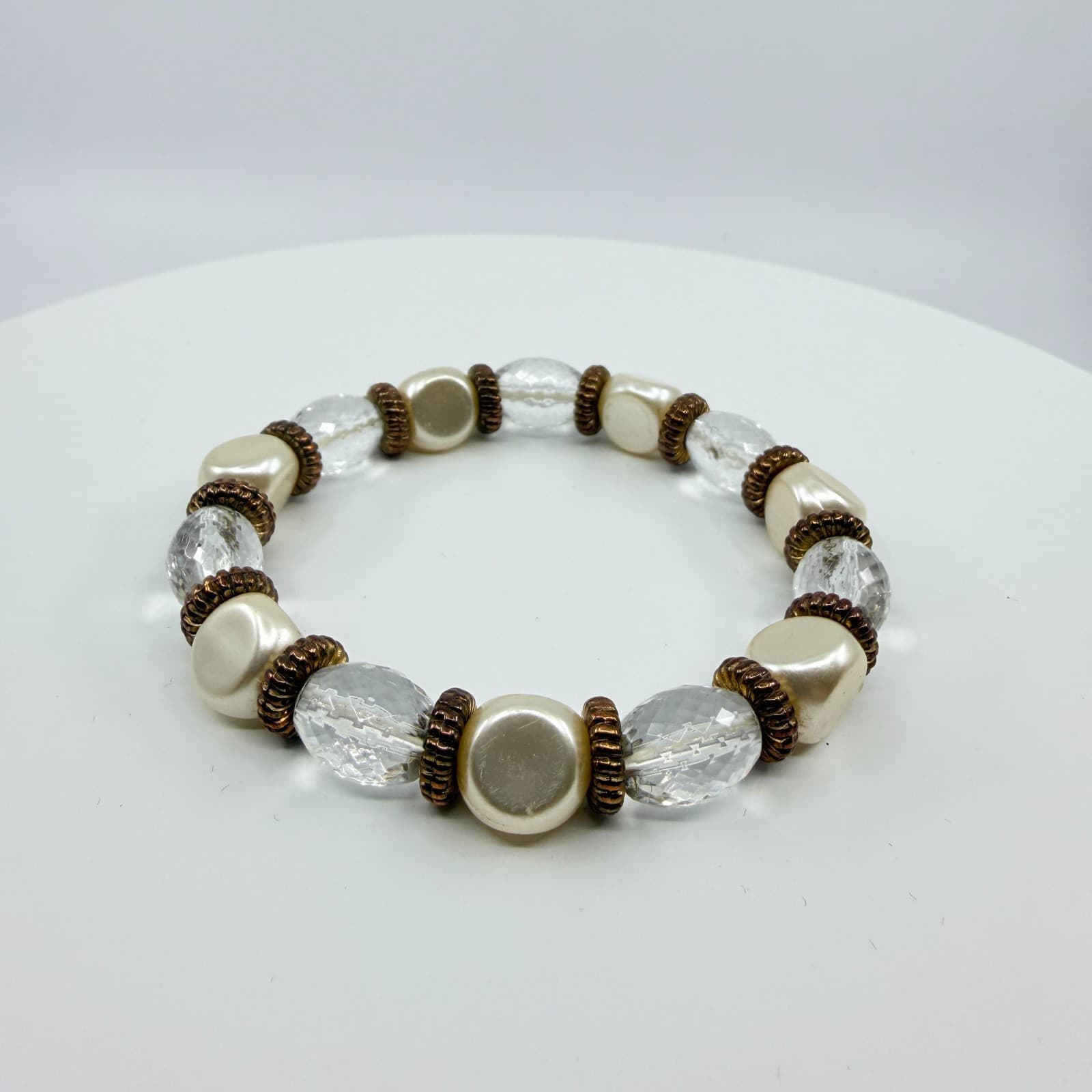 Vintage Faux Pearl Clear Faceted Lucite Bead Stretch Bracelet Boho Stackable - Thumbnail 3