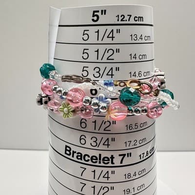 Vintage 90s Multi-Strand Beaded Bracelet Set Floral Pink Teal Boho Stack - Thumbnail 7