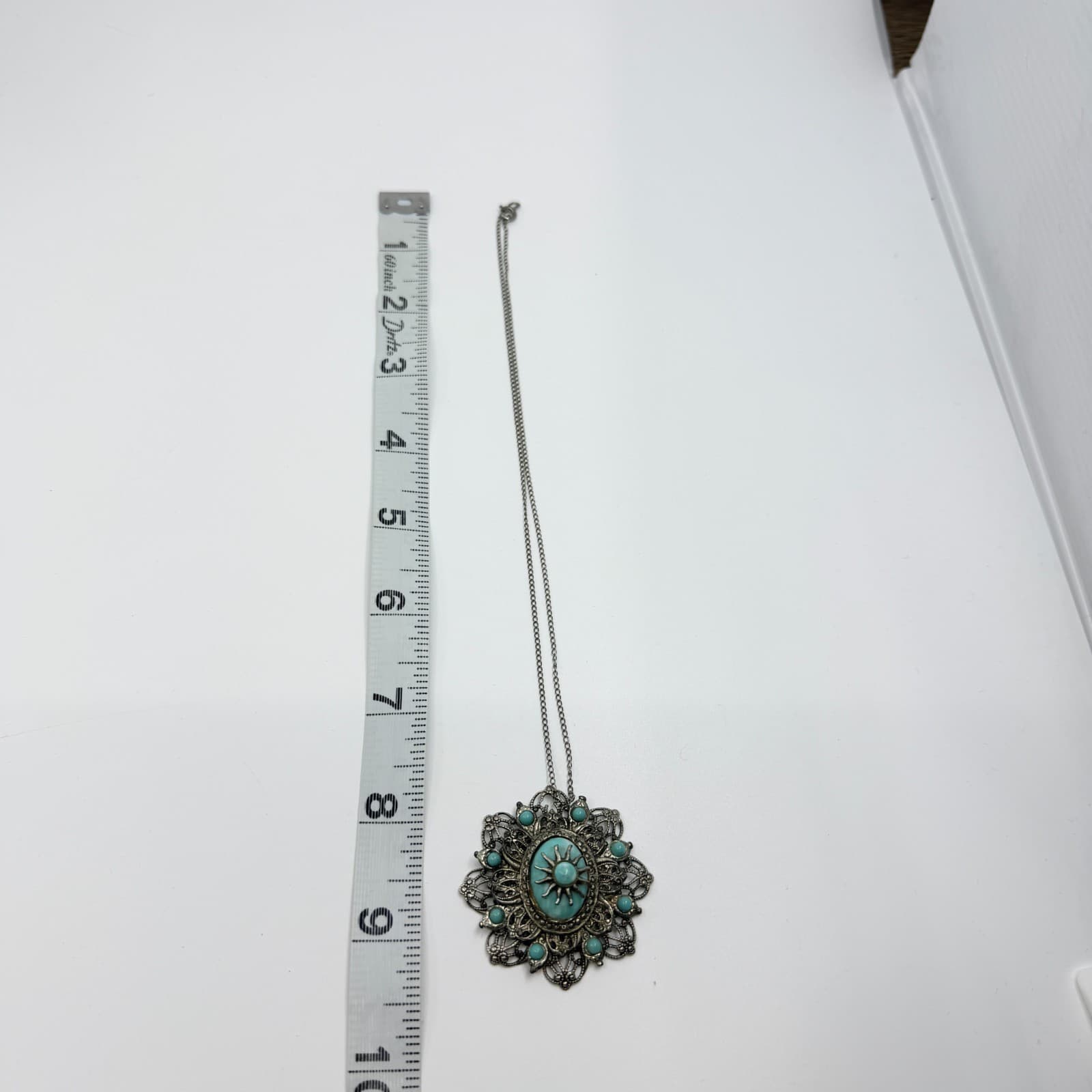 Vintage Silver Tone Faux Larimar Filigree Sunburst Statement Pendant Necklace - Thumbnail 10