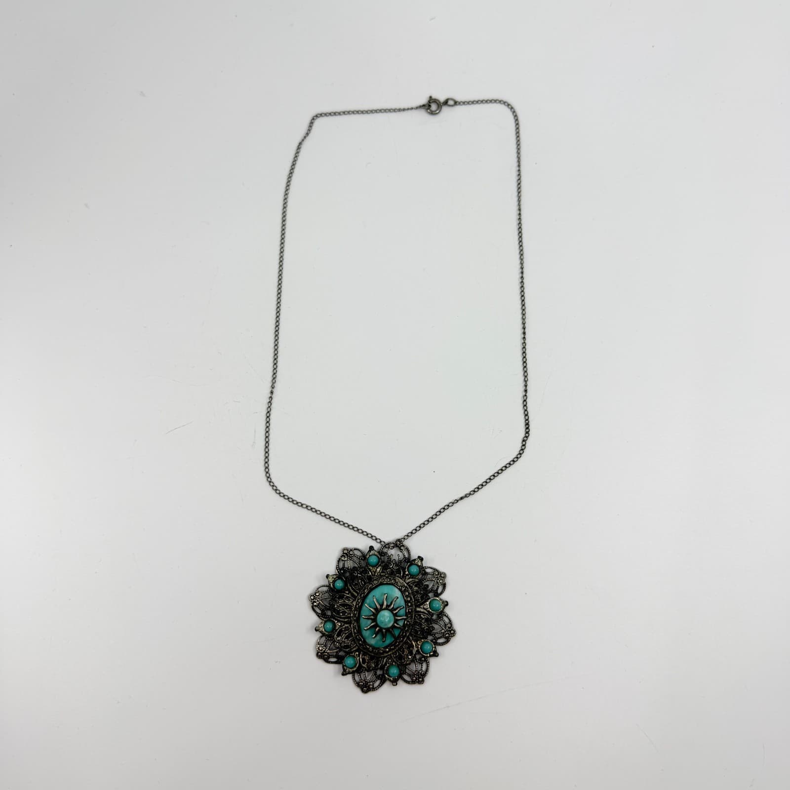 Vintage Silver Tone Faux Larimar Filigree Sunburst Statement Pendant Necklace - Thumbnail 9