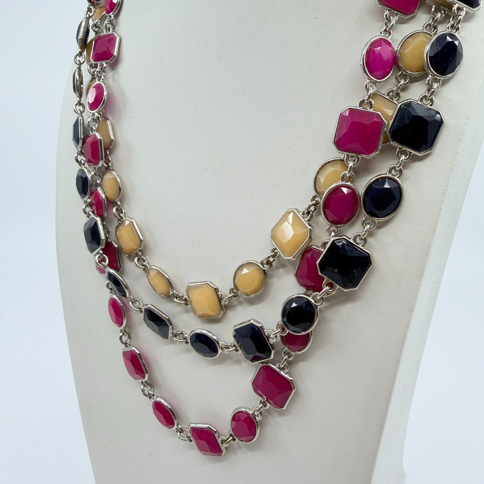 VTG Ann Taylor Multi-Strand Statement Necklace Resin Geo Links Magenta Black - Thumbnail 4