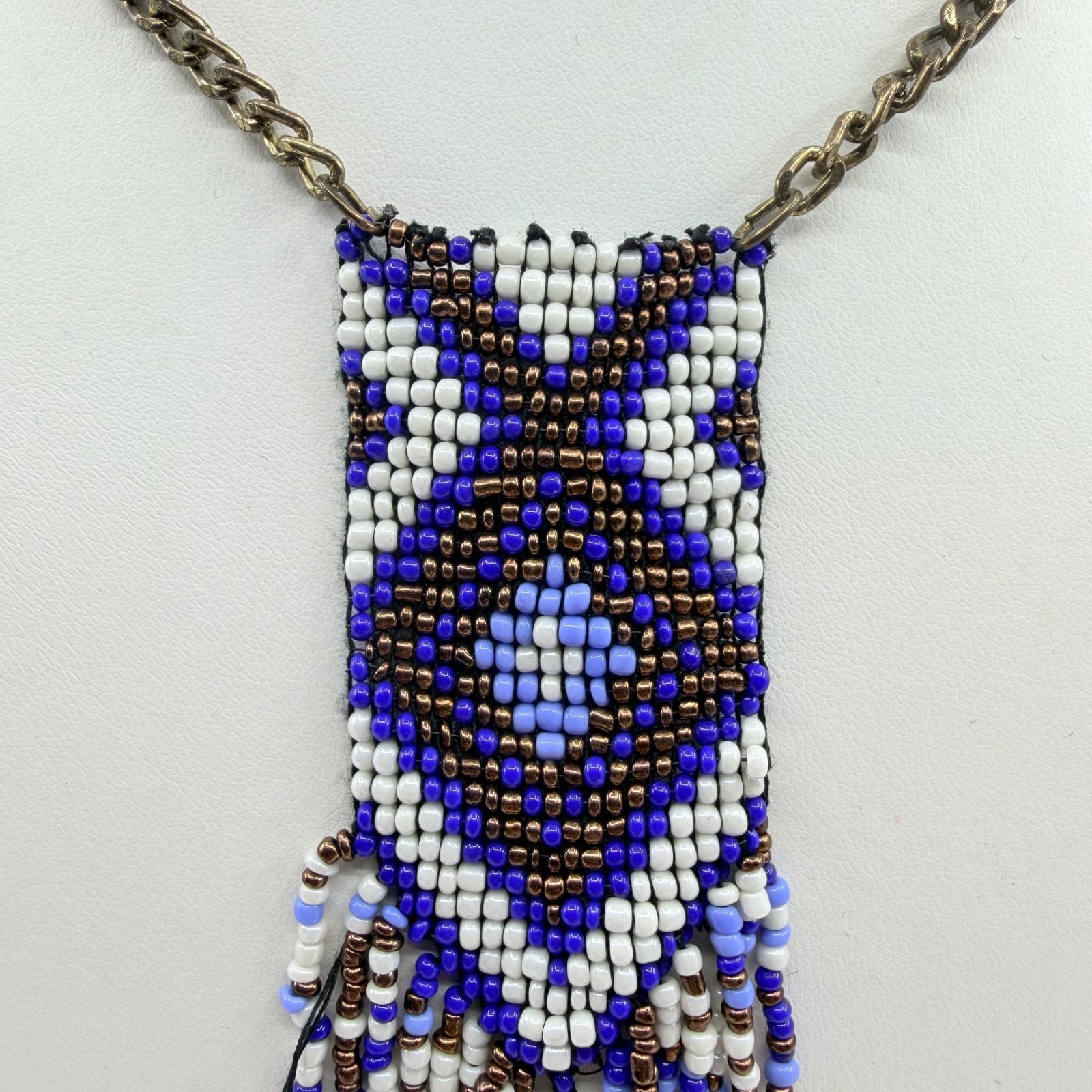 Vintage Y2K Beaded Fringe Pendant Necklace Geometric Southwestern Blue Cream - Thumbnail 4
