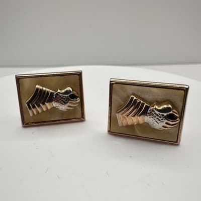 Vintage 80s Gold Tone Cream Rectangular Cufflinks Military Chevron Design Retro - Thumbnail 2