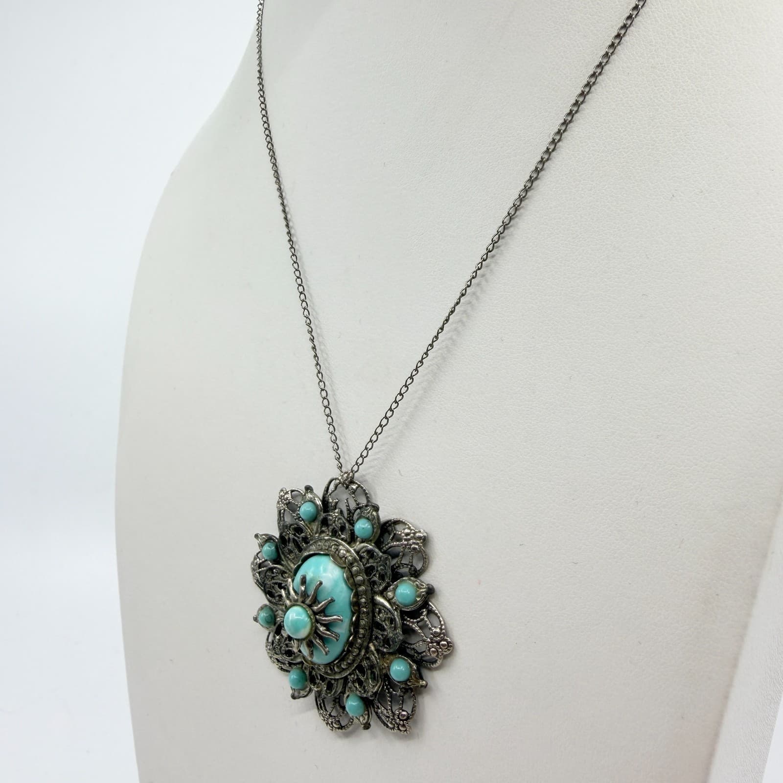 Vintage Silver Tone Faux Larimar Filigree Sunburst Statement Pendant Necklace - Thumbnail 6