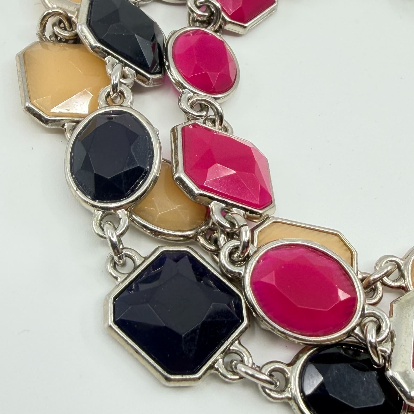 VTG Y2K Multi Strand Statement Bracelet Silver Tone Pink Black Cream Geometric - Thumbnail 6