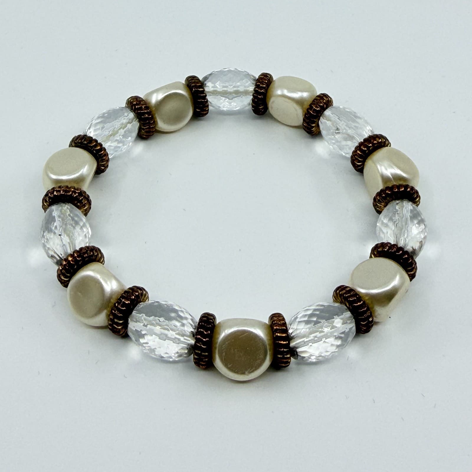 Vintage Faux Pearl Clear Faceted Lucite Bead Stretch Bracelet Boho Stackable - Thumbnail 7