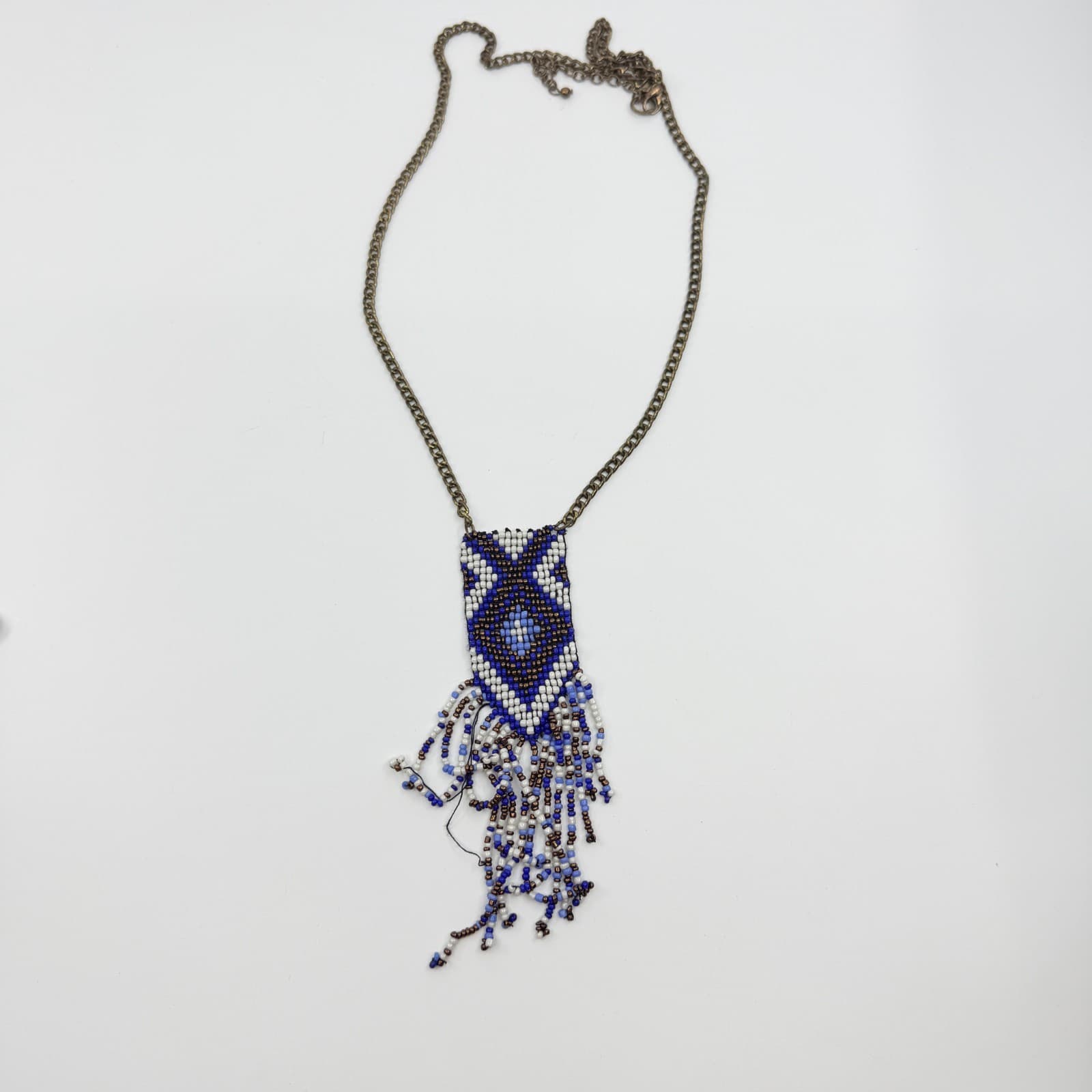 Vintage Y2K Beaded Fringe Pendant Necklace Geometric Southwestern Blue Cream - Thumbnail 10