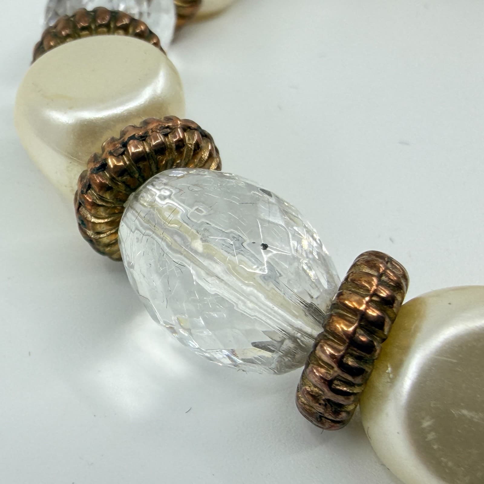 Vintage Faux Pearl Clear Faceted Lucite Bead Stretch Bracelet Boho Stackable - Thumbnail 6