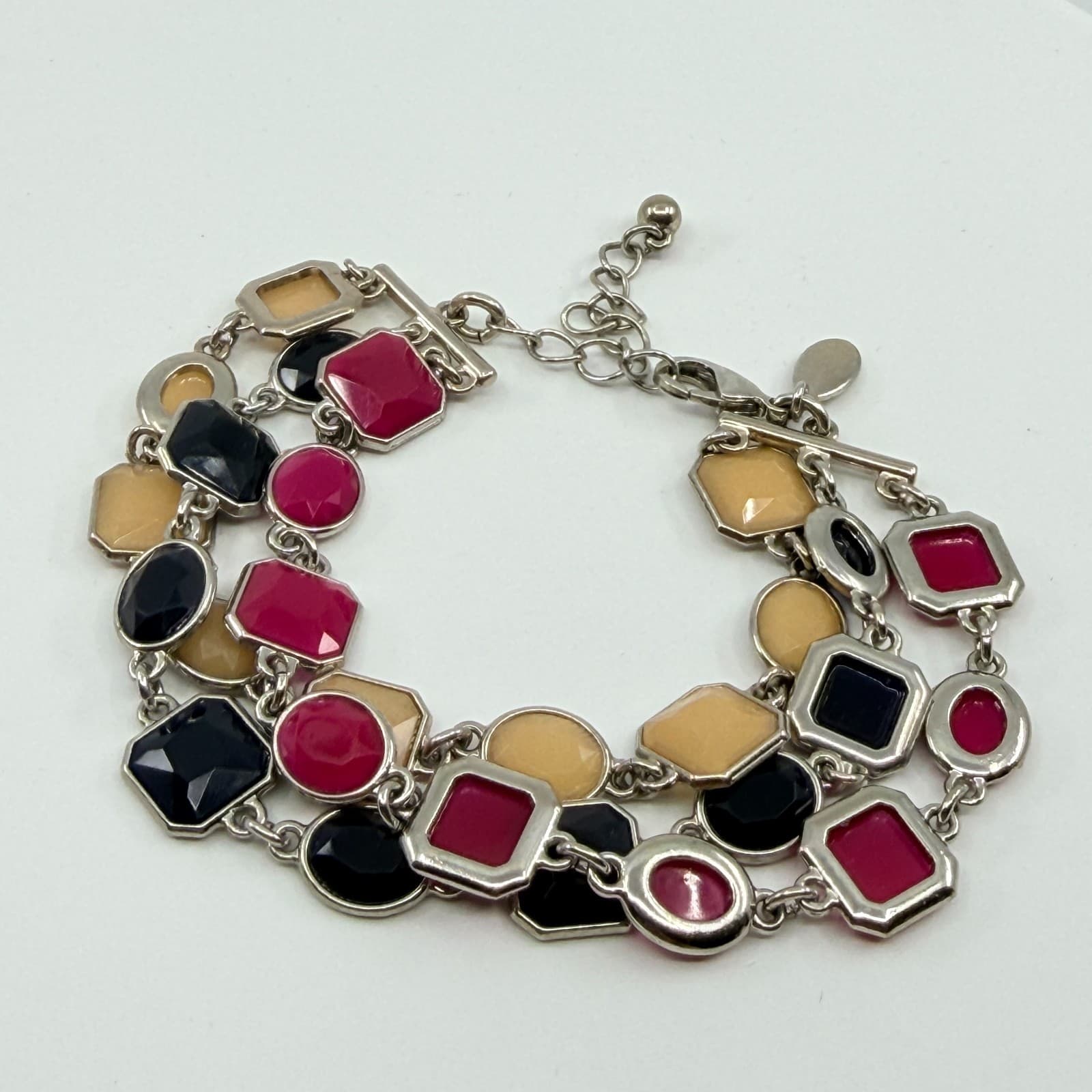 VTG Y2K Multi Strand Statement Bracelet Silver Tone Pink Black Cream Geometric - Thumbnail 5