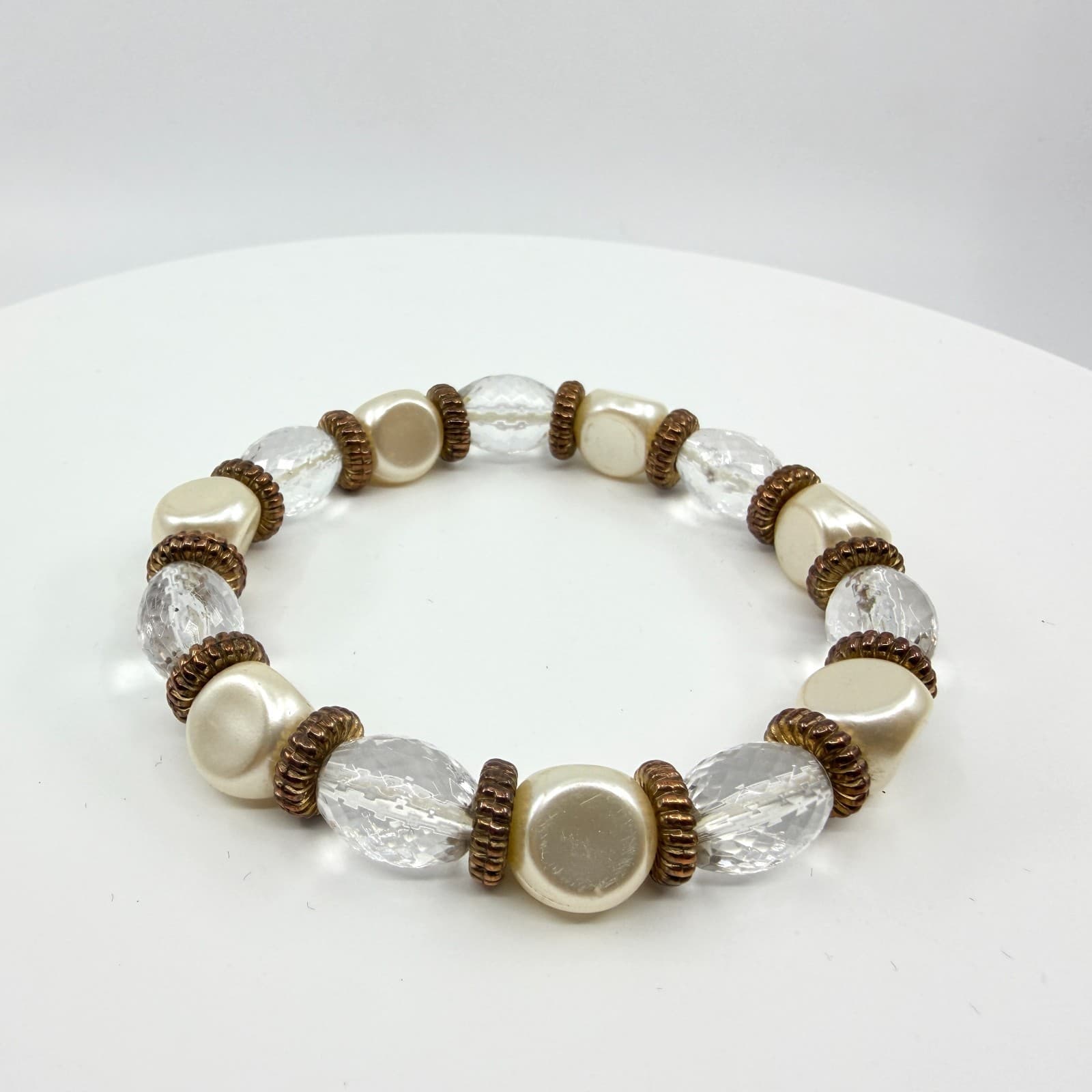 Vintage Faux Pearl Clear Faceted Lucite Bead Stretch Bracelet Boho Stackable - Thumbnail 2