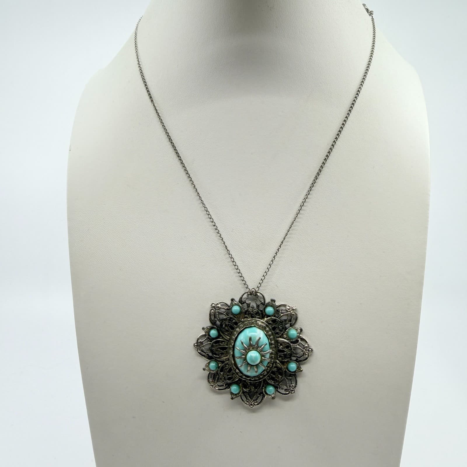 Vintage Silver Tone Faux Larimar Filigree Sunburst Statement Pendant Necklace - Thumbnail 4