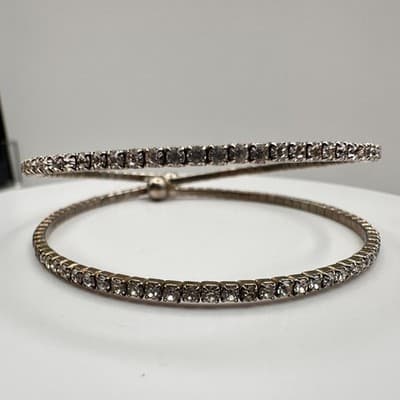 Vintage 90s Silver Tone Clear Glass Double Wrap Bangle Bracelet Women Fashion - Thumbnail 5