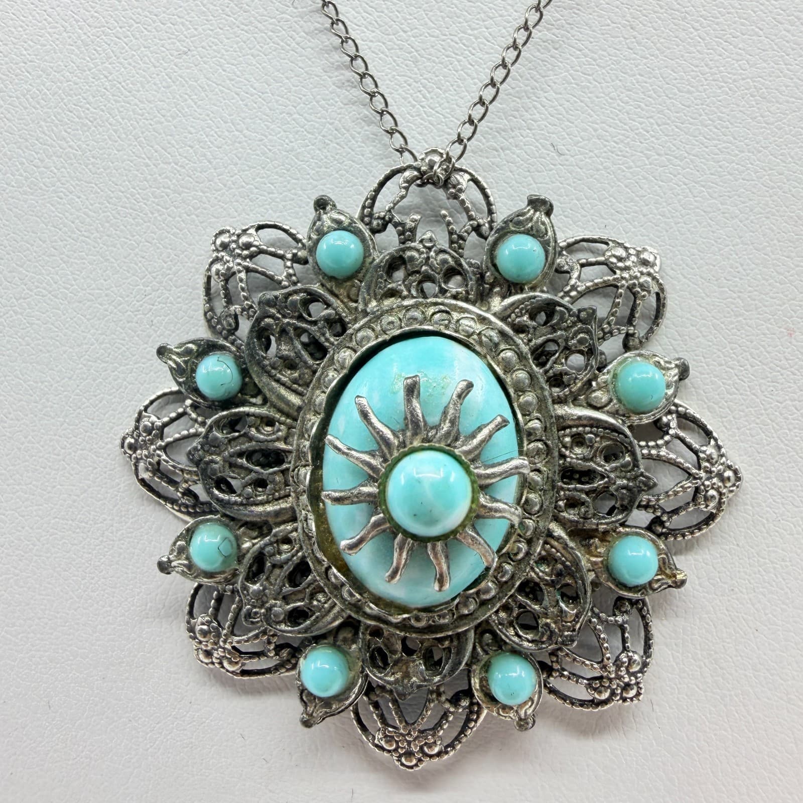 Vintage Silver Tone Faux Larimar Filigree Sunburst Statement Pendant Necklace - Thumbnail 3