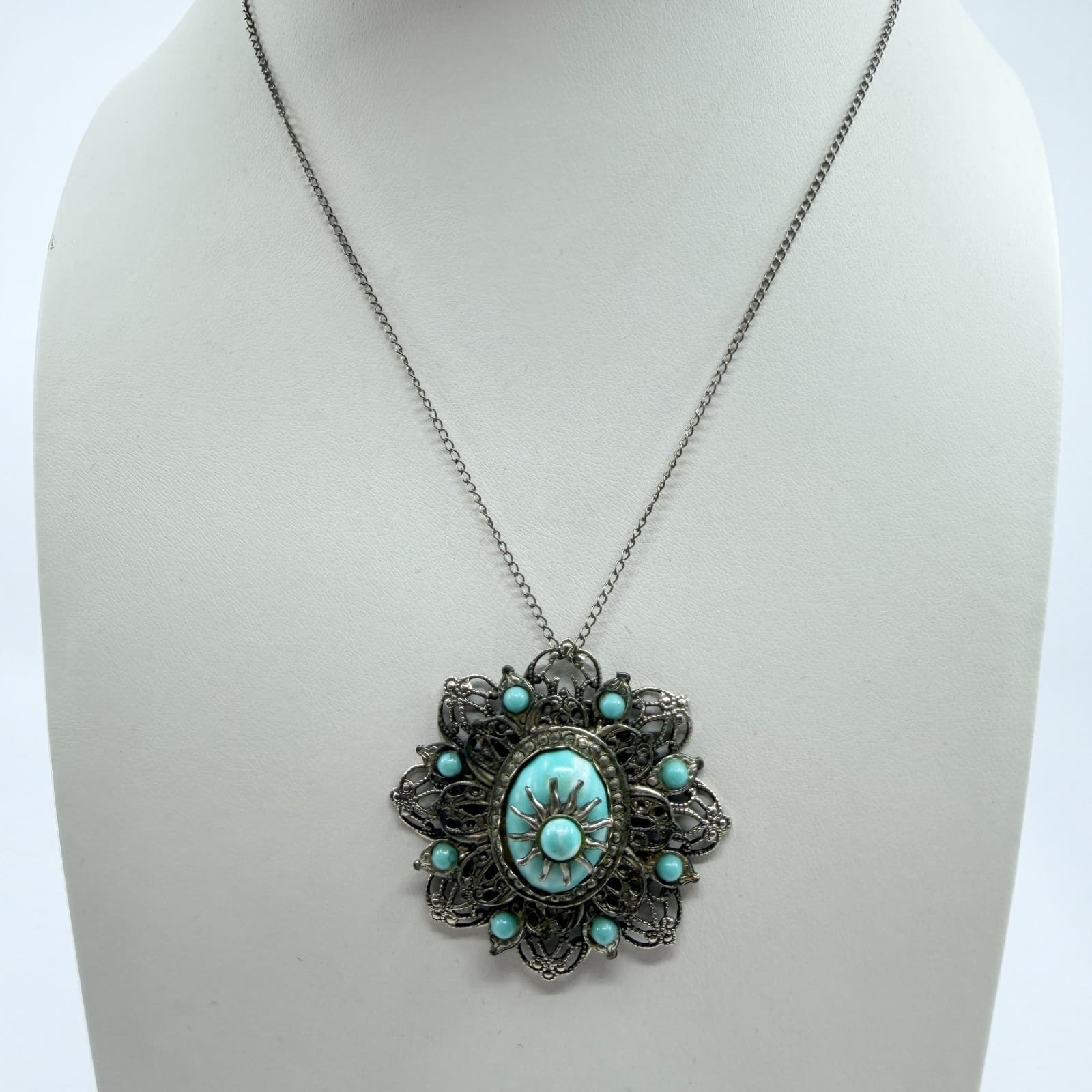 Vintage Silver Tone Faux Larimar Filigree Sunburst Statement Pendant Necklace - Thumbnail 2