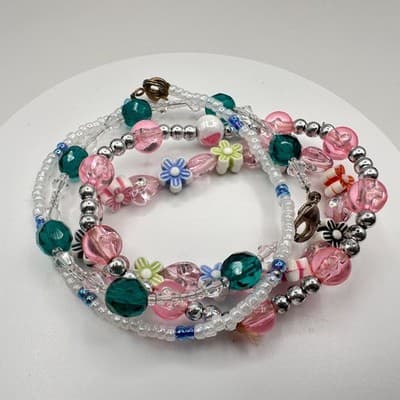 Vintage 90s Multi-Strand Beaded Bracelet Set Floral Pink Teal Boho Stack - Thumbnail 5