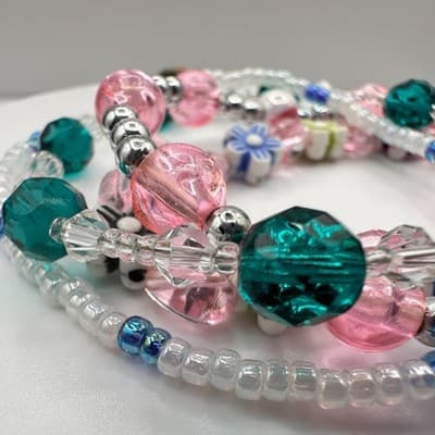 Vintage 90s Multi-Strand Beaded Bracelet Set Floral Pink Teal Boho Stack - Thumbnail 6