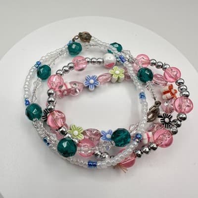Vintage 90s Multi-Strand Beaded Bracelet Set Floral Pink Teal Boho Stack - Thumbnail 2